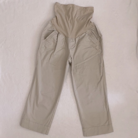Oh Baby by Motherhood | Maternity Stretch Cotton Full Panel Capri Pants Khaki S - Picture 1 of 15